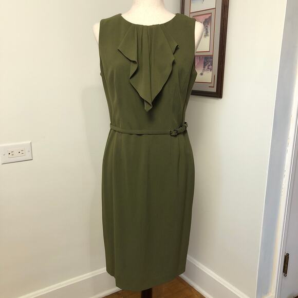 Evan Picone Olive Green Ruffle Front Dress 10 Medium Sheath Cocktail Holiday - Picture 1 of 11